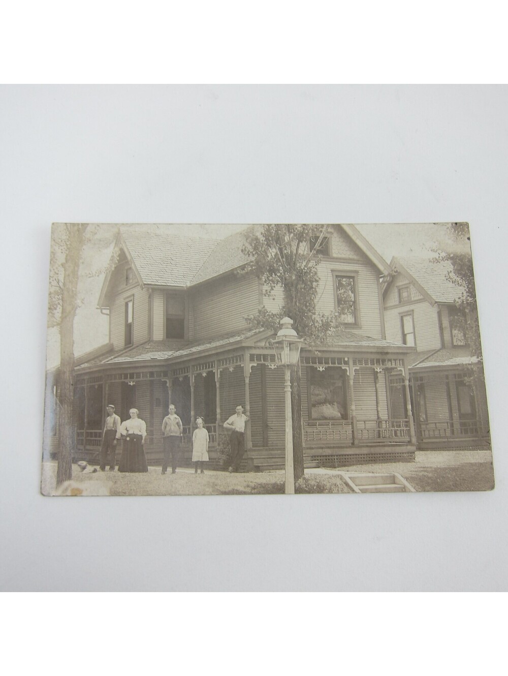 Real Photo Postcard RPPC Victorian House Family & Dog Street Lamp Post Antique